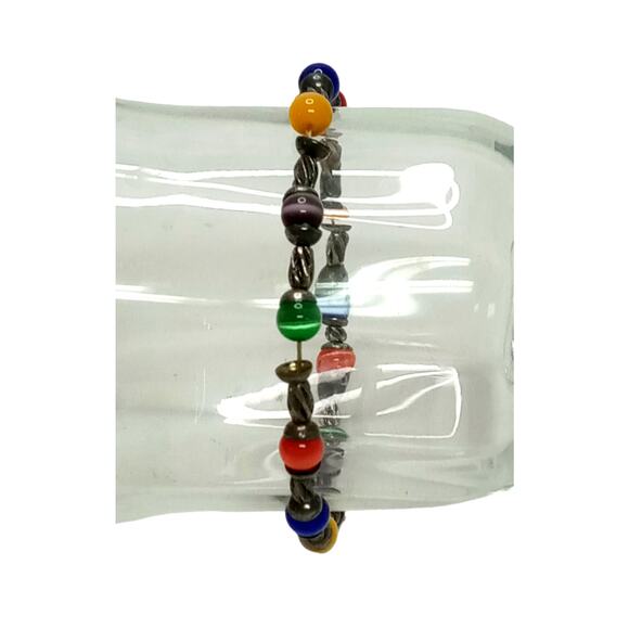 🌈 VTG Cats Eye Stretch Bracelet | Multicolor Fiber Optic Beads Silver Tone - Picture 11 of 12